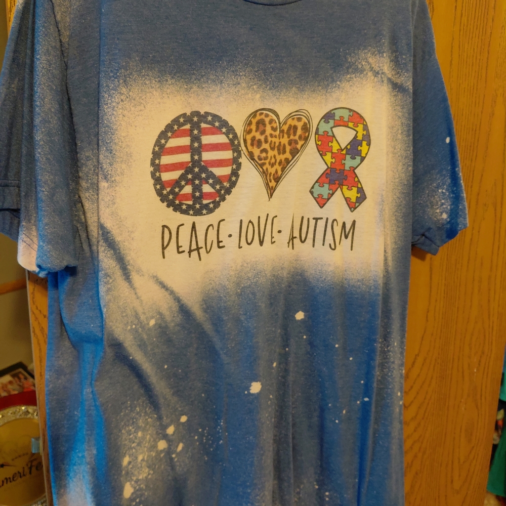 Blue Kids Shirt with Peace Love Autism Design